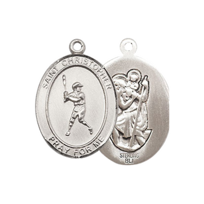 Medium Mens Oval .925 Sterling Silver Saint St. Christopher Baseball Medal Pendant on 24 Inch Rhodium Plated Heavy Curb Brass Chain w/ Lobster Claw Clasp, Catholic Religious Necklace - Made in USA- Gift Boxed