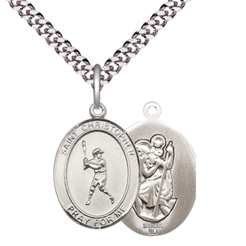 Medium Men's .925 Sterling Silver Saint St. Christopher Baseball Medal Pendant on 24 Inch Endless Rhodium Plated Heavy Curb Brass Chain, Catholic Religious Necklace - Made in USA- Deluxe Velvet Gift Box