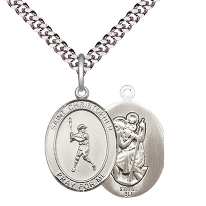 Medium Men's .925 Sterling Silver Saint St. Christopher Baseball Medal Pendant on 24 Inch Endless Rhodium Plated Heavy Curb Brass Chain, Catholic Religious Necklace - Made in USA- Deluxe Velvet Gift Box