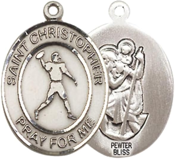 Everlasting Light Jewelry Medium Women's Pewter Saint St. Christopher Football Pendant Necklace on 18- inch Rhodium- Plated Lite Curb Brass Chain, Catholic Medal - Patron Saint. of Athletes & Travelers – Velvet Gift Box