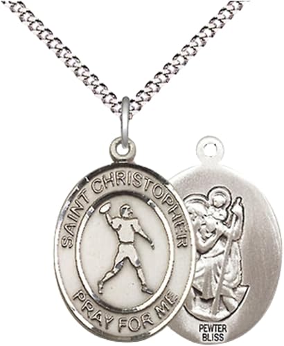 Everlasting Light Jewelry Medium Women's Pewter Saint St. Christopher Football Pendant Necklace on 18- inch Rhodium- Plated Lite Curb Brass Chain, Catholic Medal - Patron Saint. of Athletes & Travelers – Velvet Gift Box