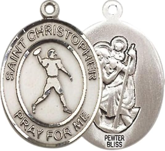 Medium Men's Pewter Saint St. Christopher Football Medal Pendant on 24 Inch Endless Rhodium Plated Heavy Curb Brass Chain, Catholic Religious Necklace - Made in USA- Deluxe Velvet Gift Box