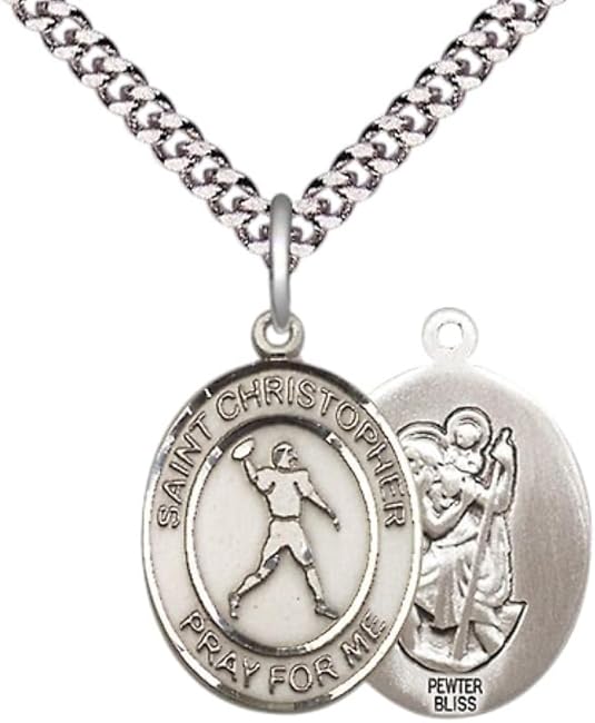 Medium Men's Pewter Saint St. Christopher Football Medal Pendant on 24 Inch Endless Rhodium Plated Heavy Curb Brass Chain, Catholic Religious Necklace - Made in USA- Deluxe Velvet Gift Box