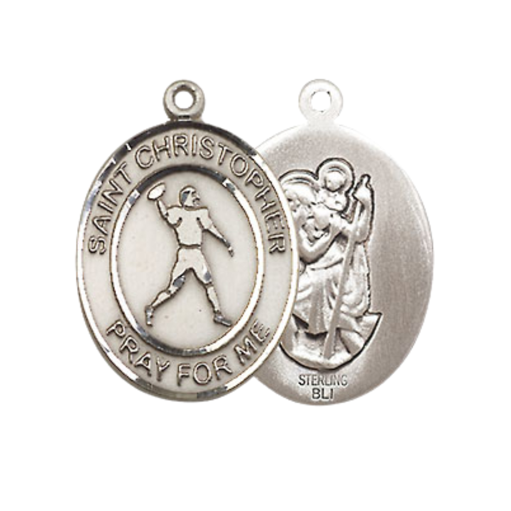 Medium Women's .925 Sterling Silver Saint St. Christopher Football Pendant Necklace on 18 Inch Rhodium Plated Lite Curb Brass Chain – Patron Saint St. of Travelers & Motorists, Catholic Medal – Velvet Gift Box Included