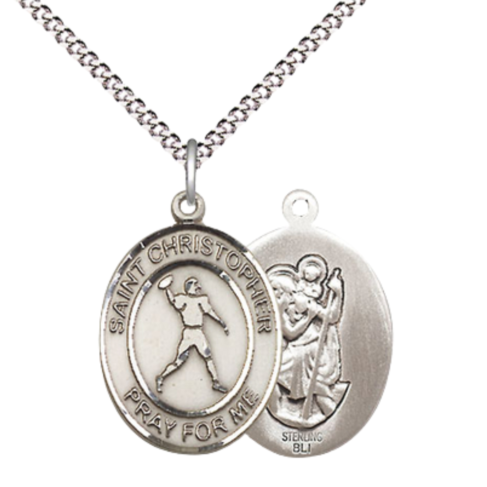 Medium Women's .925 Sterling Silver Saint St. Christopher Football Pendant Necklace on 18 Inch Rhodium Plated Lite Curb Brass Chain – Patron Saint St. of Travelers & Motorists, Catholic Medal – Velvet Gift Box Included