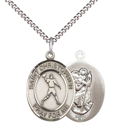 Medium Women's .925 Sterling Silver Saint St. Christopher Football Pendant Necklace on 18 Inch Rhodium Plated Lite Curb Brass Chain – Patron Saint St. of Travelers & Motorists, Catholic Medal – Velvet Gift Box Included