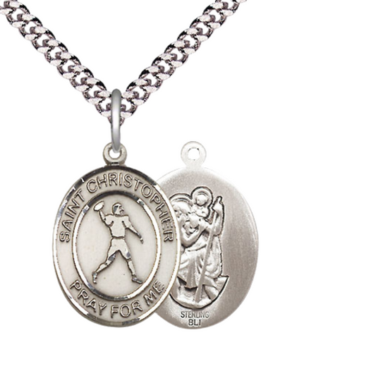 Medium Men's .925 Sterling Silver Saint Christopher Football Medal Pendant on 24 Inch Endless Rhodium Plated Heavy Curb Brass Chain, Catholic Religious Necklace -Made in USA- Deluxe Velvet Gift Box