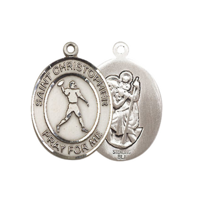 Medium Mens Oval .925 Sterling Silver Saint St. Christopher Football Medal Pendant on 24 Inch Rhodium Plated Heavy Curb Brass Chain w/ Lobster Claw Clasp, Catholic Religious Necklace - Made in USA- Gift Boxed