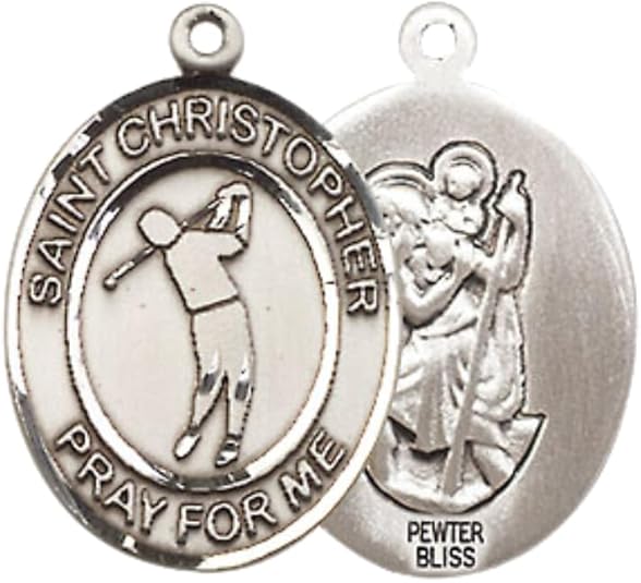 Everlasting Light Jewelry Women's Pewter Saint St. Christopher Golf Pendant Necklace on 18- inch Rhodium- Plated Lite Curb Brass Chain – Patron Saint St. of Golfers & Travelers, Catholic Medal – Velvet Gift Box Included