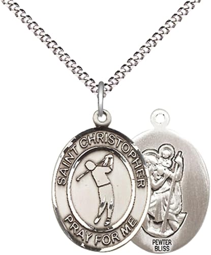 Everlasting Light Jewelry Women's Pewter Saint St. Christopher Golf Pendant Necklace on 18- inch Rhodium- Plated Lite Curb Brass Chain – Patron Saint St. of Golfers & Travelers, Catholic Medal – Velvet Gift Box Included