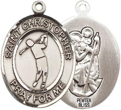Mens Medium Pewter Saint St. Christopher Golf Medal Pendant on 24 Inch Rhodium Plated Heavy Curb Brass Chain w/ Lobster Claw Clasp, Catholic Religious Necklace - Made in USA- Velvet Gift Box