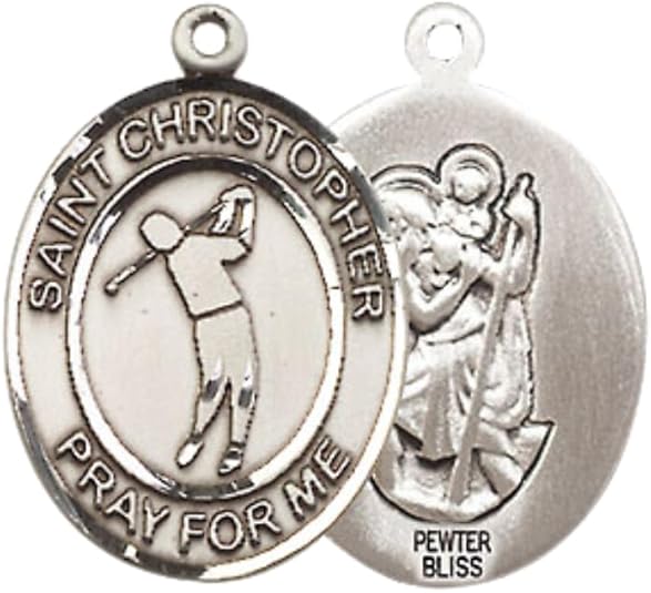 Everlasting Light Jewelry Medium Men's Pewter Saint St. Christopher Golf Medal Pendant on 24 Inch Endless Rhodium Plated Heavy Curb Brass Chain, Catholic Religious Necklace - Made in USA- Deluxe Velvet Gift Box