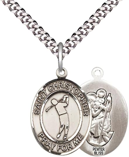 Everlasting Light Jewelry Medium Men's Pewter Saint St. Christopher Golf Medal Pendant on 24 Inch Endless Rhodium Plated Heavy Curb Brass Chain, Catholic Religious Necklace - Made in USA- Deluxe Velvet Gift Box