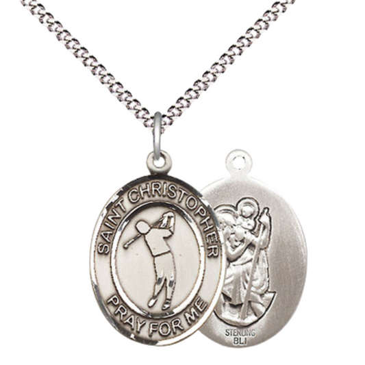 Medium Women's .925 Sterling Silver Saint St. Christopher Golf Pendant Necklace on 18 Inch Rhodium Plated Lite Curb Brass Chain – Patron Saint St. of Travelers & Motorists, Catholic Medal – Velvet Gift Box Included