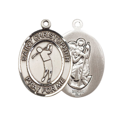 Medium Women's .925 Sterling Silver Saint St. Christopher Golf Pendant Necklace on 18 Inch Rhodium Plated Lite Curb Brass Chain – Patron Saint St. of Travelers & Motorists, Catholic Medal – Velvet Gift Box Included