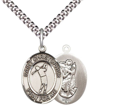 Medium Men's .925 Sterling Silver Saint Christopher Golf Medal Pendant on 24 Inch Endless Rhodium Plated Heavy Curb Brass Chain, Catholic Religious Necklace -Made in USA- Deluxe Velvet Gift Box