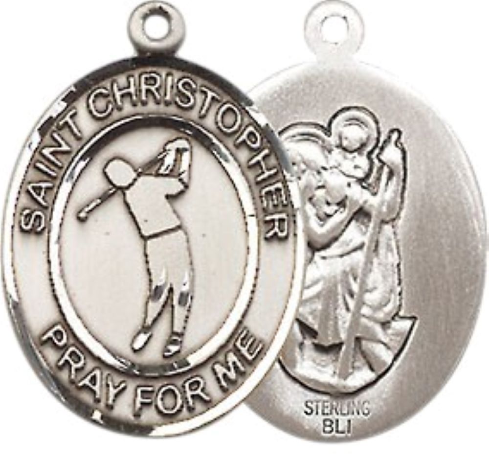 Medium Men's .925 Sterling Silver Saint Christopher Golf Medal Pendant on 24 Inch Endless Rhodium Plated Heavy Curb Brass Chain, Catholic Religious Necklace -Made in USA- Deluxe Velvet Gift Box
