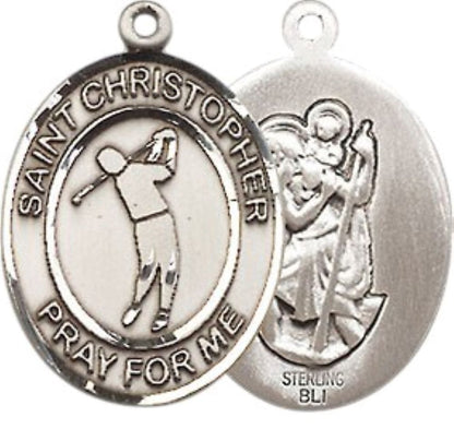 Medium Mens Oval .925 Sterling Silver Saint St. Christopher Golf Medal Pendant on 24 Inch Rhodium Plated Heavy Curb Brass Chain w/ Lobster Claw Clasp, Catholic Religious Necklace - Made in USA- Velvet Gift Box