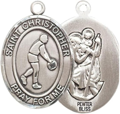 Women's Pewter Saint St. Christopher Basketball Pendant Necklace on 18- inch Rhodium- Plated Lite Curb Brass Chain – Patron Saint St. of Basketball Players & Travelers, Catholic Medal – Velvet Gift Box Included
