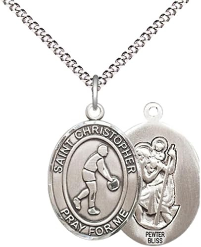 Women's Pewter Saint St. Christopher Basketball Pendant Necklace on 18- inch Rhodium- Plated Lite Curb Brass Chain – Patron Saint St. of Basketball Players & Travelers, Catholic Medal – Velvet Gift Box Included