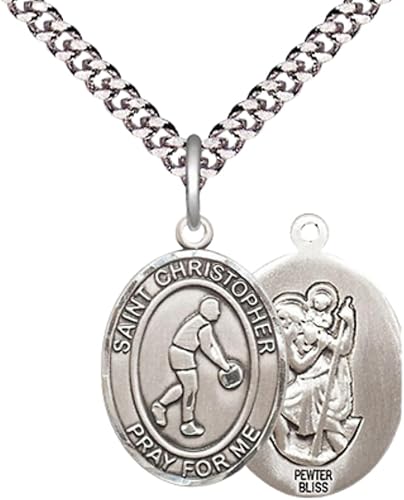 Medium Men's Pewter Saint St. Christopher Basketball Medal Pendant on 24 Inch Endless Rhodium Plated Heavy Curb Brass Chain, Catholic Religious Necklace - Made in USA- Deluxe Velvet Gift Box