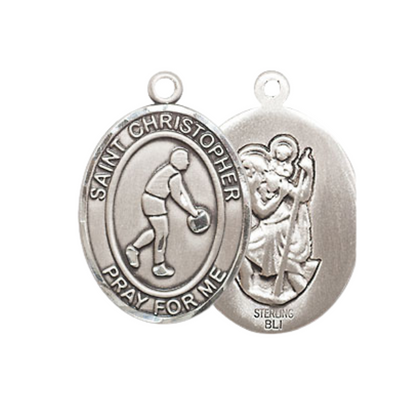 Medium Women's .925 Sterling Silver Saint St. Christopher Basketball Pendant Necklace on 18 Inch Rhodium Plated Lite Curb Brass Chain – Patron Saint St. of Travelers & Motorists, Catholic Medal – Velvet Gift Box Included