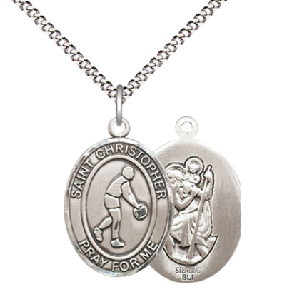 Medium Women's .925 Sterling Silver Saint St. Christopher Basketball Pendant Necklace on 18 Inch Rhodium Plated Lite Curb Brass Chain – Patron Saint St. of Travelers & Motorists, Catholic Medal – Velvet Gift Box Included