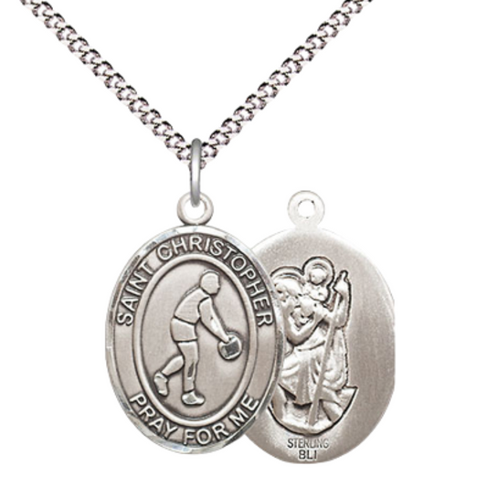 Medium Women's .925 Sterling Silver Saint St. Christopher Basketball Pendant Necklace on 18 Inch Rhodium Plated Lite Curb Brass Chain – Patron Saint St. of Travelers & Motorists, Catholic Medal – Velvet Gift Box Included