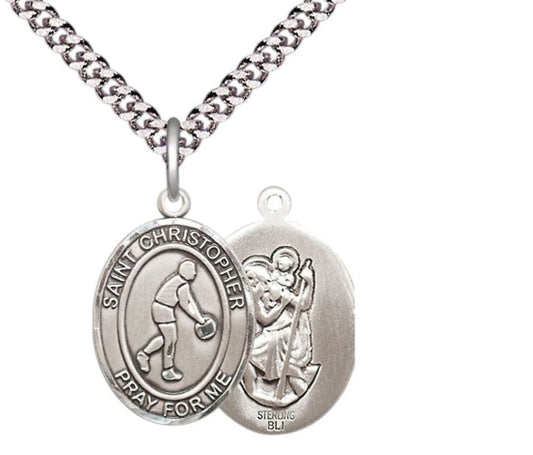 Medium Men's .925 Sterling Silver Saint St. Christopher Basketball Medal Pendant on 24 Inch Endless Rhodium Plated Heavy Curb Brass Chain, Catholic Religious Necklace - Made in USA- Deluxe Velvet Gift Box