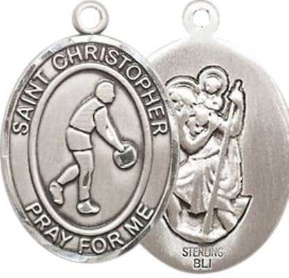 Medium Men's .925 Sterling Silver Saint St. Christopher Basketball Medal Pendant on 24 Inch Endless Rhodium Plated Heavy Curb Brass Chain, Catholic Religious Necklace - Made in USA- Deluxe Velvet Gift Box
