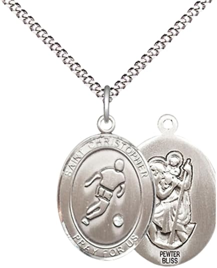 Women's Pewter Saint St. Christopher Soccer Pendant Necklace on 18- inch Rhodium- Plated Lite Curb Brass Chain – Patron Saint St. of Soccer Players & Travelers, Catholic Medal – Velvet Gift Box Included
