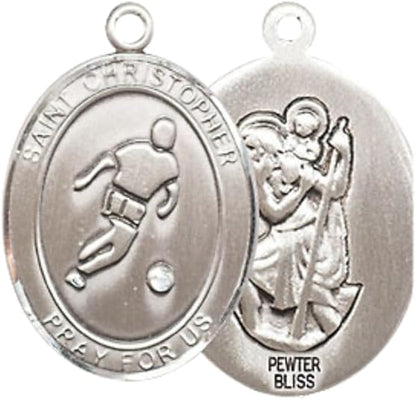 Medium Men's Pewter Saint St. Christopher Soccer Medal Pendant on 24 Inch Endless Rhodium Plated Heavy Curb Brass Chain, Catholic Religious Necklace - Made in USA- Deluxe Velvet Gift Box