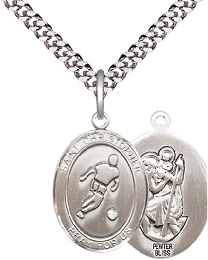 Medium Men's Pewter Saint St. Christopher Soccer Medal Pendant on 24 Inch Endless Rhodium Plated Heavy Curb Brass Chain, Catholic Religious Necklace - Made in USA- Deluxe Velvet Gift Box
