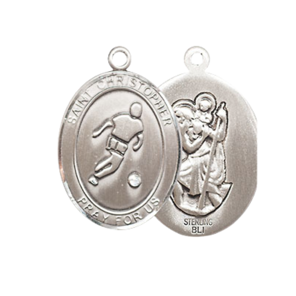 Medium Women's Pewter Saint St. Christopher Rodeo Medal Pendant on 18 Inch Rhodium Plated Lite Curb Brass Chain with Lobster Claw Clasp, Catholic Religious Necklace - Made in USA- Velvet Gift Box