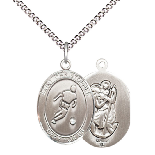 Medium Women's Pewter Saint St. Christopher Rodeo Medal Pendant on 18 Inch Rhodium Plated Lite Curb Brass Chain with Lobster Claw Clasp, Catholic Religious Necklace - Made in USA- Velvet Gift Box