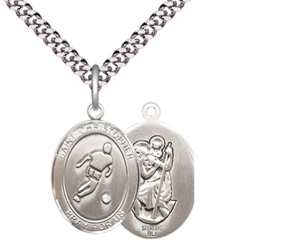 Medium Men's .925 Sterling Silver Saint St. Christopher Soccer Medal Pendant on 24 Inch Endless Rhodium Plated Heavy Curb Brass Chain, Catholic Religious Necklace - Made in USA- Deluxe Velvet Gift Box