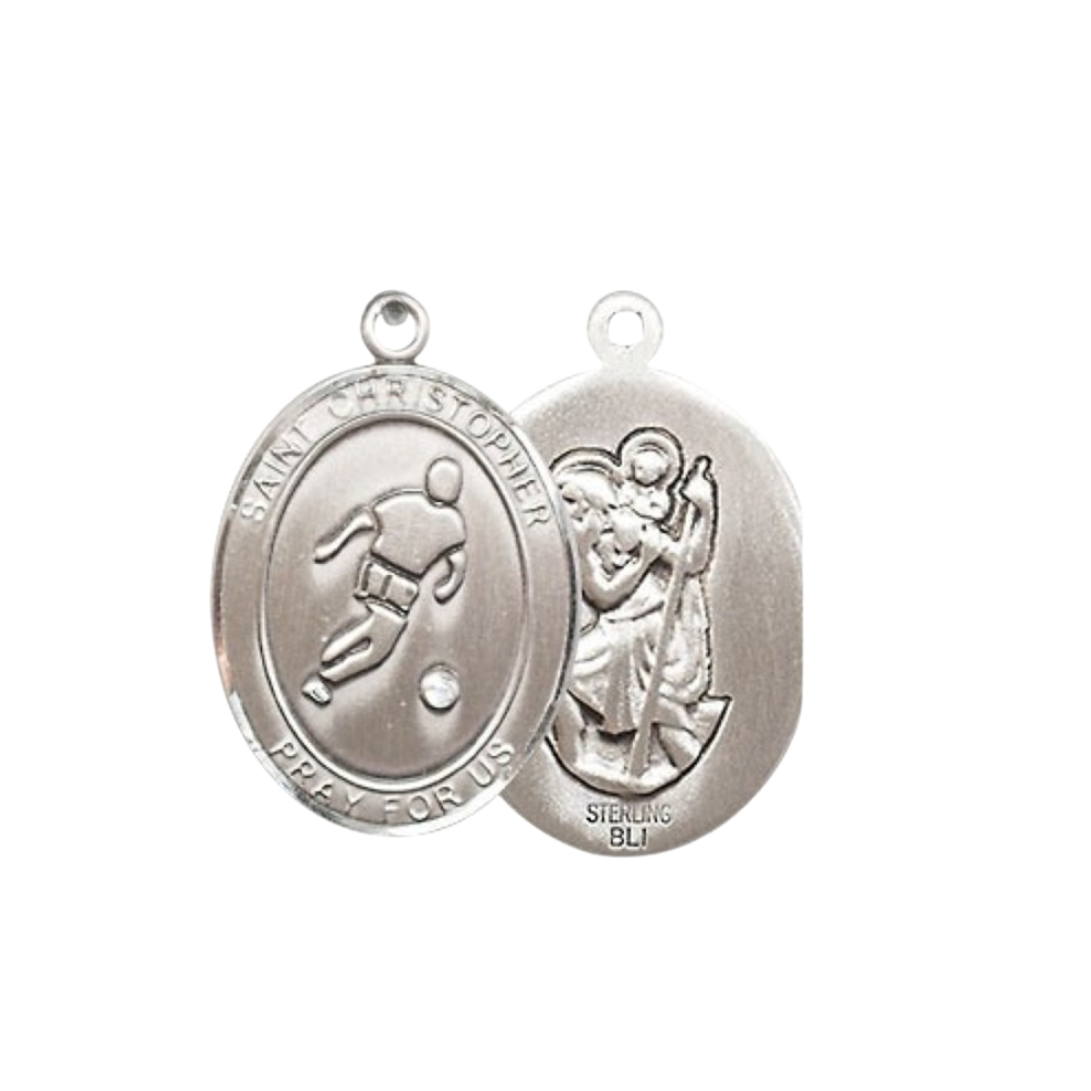 Medium Men's .925 Sterling Silver Saint St. Christopher Soccer Medal Pendant on 24 Inch Endless Rhodium Plated Heavy Curb Brass Chain, Catholic Religious Necklace - Made in USA- Deluxe Velvet Gift Box