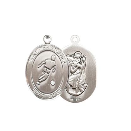 Medium Men's .925 Sterling Silver Saint St. Christopher Soccer Medal Pendant on 24 Inch Endless Rhodium Plated Heavy Curb Brass Chain, Catholic Religious Necklace - Made in USA- Deluxe Velvet Gift Box