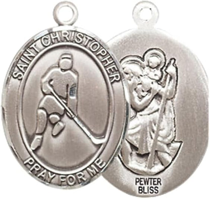 Medium Women's Pewter Saint St. Christopher Ice Hockey Pendant Necklace on 18- inch Rhodium- Plated Lite Curb Brass Chain – Patron Saint St. of Athletes & Travelers, Catholic Medal – Velvet Gift Box Included