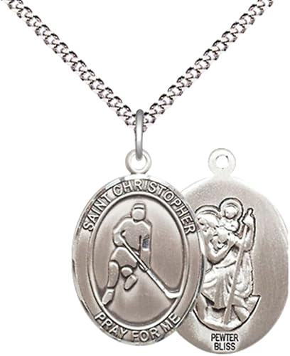 Medium Women's Pewter Saint St. Christopher Ice Hockey Pendant Necklace on 18- inch Rhodium- Plated Lite Curb Brass Chain – Patron Saint St. of Athletes & Travelers, Catholic Medal – Velvet Gift Box Included