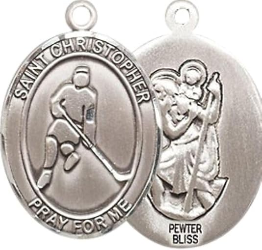 Medium Men's Pewter Saint St. Christopher Ice Hockey Medal Pendant on 24 Inch Endless Rhodium Plated Heavy Curb Brass Chain, Catholic Religious Necklace - Made in USA- Deluxe Velvet Gift Box