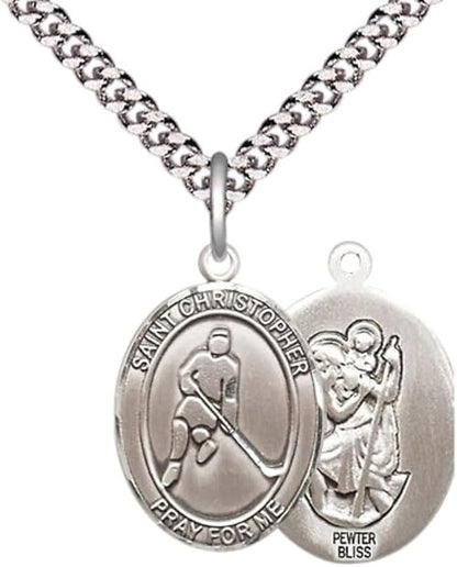Medium Men's Pewter Saint St. Christopher Ice Hockey Medal Pendant on 24 Inch Endless Rhodium Plated Heavy Curb Brass Chain, Catholic Religious Necklace - Made in USA- Deluxe Velvet Gift Box