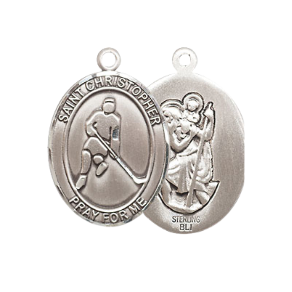 Medium Women's Sterling Silver Saint Christopher Ice Hockey Pendant Necklace on 18" Rhodium Plated Lite Curb Brass Chain – Patron Saint of Travelers & Motorists – Velvet Gift Box Included