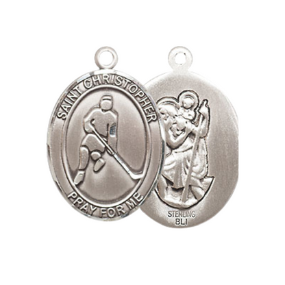 Medium Women's Sterling Silver Saint Christopher Ice Hockey Pendant Necklace on 18" Rhodium Plated Lite Curb Brass Chain – Patron Saint of Travelers & Motorists – Velvet Gift Box Included