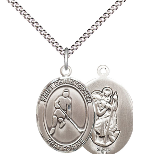 Medium Women's Sterling Silver Saint Christopher Ice Hockey Pendant Necklace on 18" Rhodium Plated Lite Curb Brass Chain – Patron Saint of Travelers & Motorists – Velvet Gift Box Included