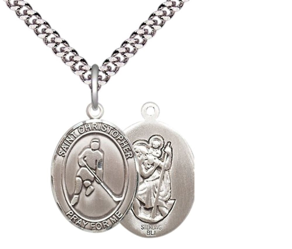 Medium Men's .925 Sterling Silver Saint St. Christopher Ice Hockey Medal Pendant on 24 Inch Endless Rhodium Plated Heavy Curb Brass Chain, Catholic Religious Necklace - Made in USA- Deluxe Velvet Gift Box