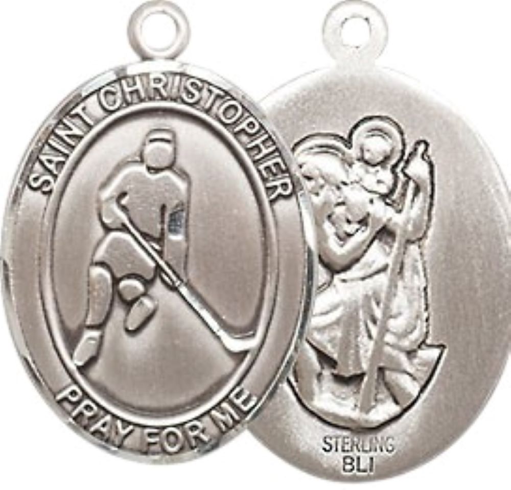 Medium Men's .925 Sterling Silver Saint St. Christopher Ice Hockey Medal Pendant on 24 Inch Endless Rhodium Plated Heavy Curb Brass Chain, Catholic Religious Necklace - Made in USA- Deluxe Velvet Gift Box