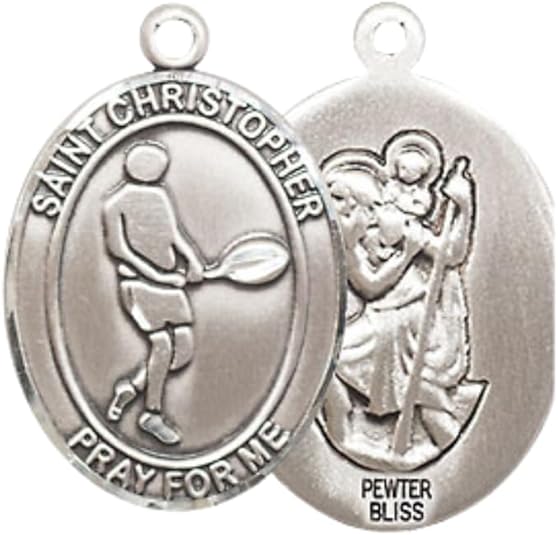 Everlasting Light Jewelry Medium Women's Pewter Saint St. Christopher Tennis Pendant Necklace on 18- inch Rhodium- Plated Lite Curb Brass Chain – Patron Saint St. of Athletes & Travelers, Catholic Medal – Velvet Gift Box Included