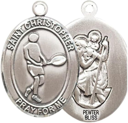 Everlasting Light Jewelry Medium Women's Pewter Saint St. Christopher Tennis Pendant Necklace on 18- inch Rhodium- Plated Lite Curb Brass Chain – Patron Saint St. of Athletes & Travelers, Catholic Medal – Velvet Gift Box Included