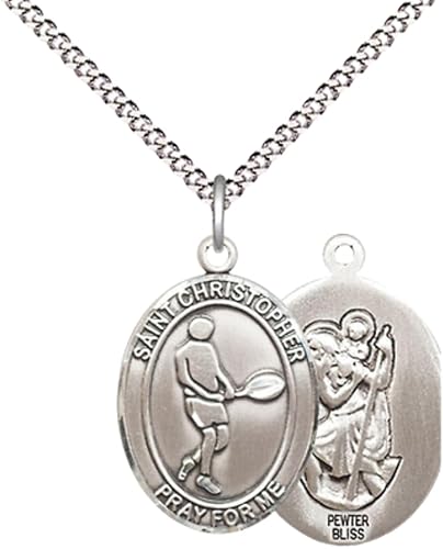Everlasting Light Jewelry Medium Women's Pewter Saint St. Christopher Tennis Pendant Necklace on 18- inch Rhodium- Plated Lite Curb Brass Chain – Patron Saint St. of Athletes & Travelers, Catholic Medal – Velvet Gift Box Included